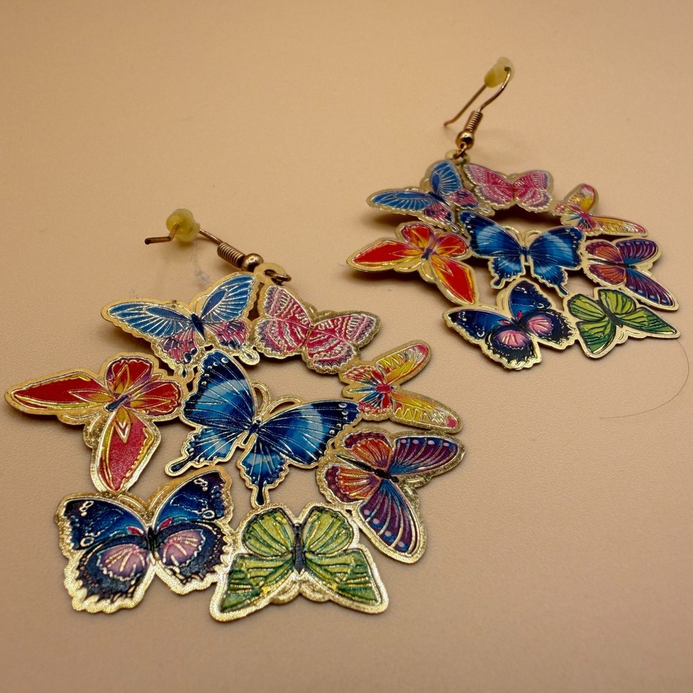 Multicolor Butterfly Dangle Earrings Gold Tone Boho Cottagecore Statement Gift